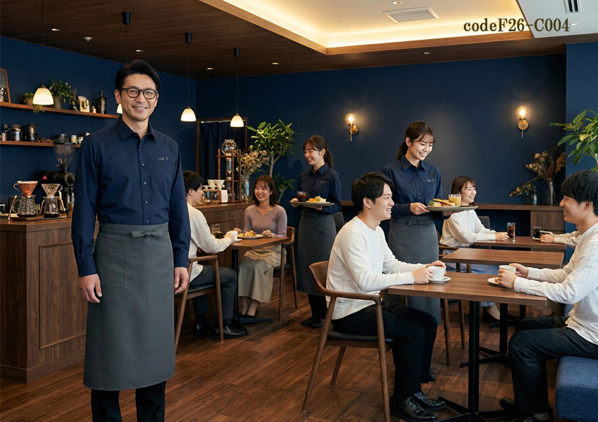 codeF26-C004 飲食店サービス店舗制服コーデ　ネイビー×グレーで上質空間を演出｜大人向けカフェのシンプルユニフォームコーディネート