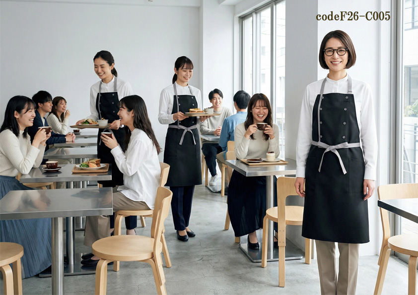 【2026年新作】ブラック胸当エプロン×白シャツ モノトーンコーデ｜都会的でおしゃれなカフェ・飲食店向け