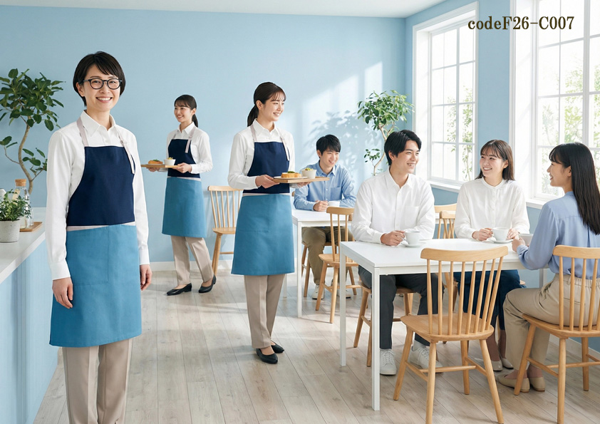 codeF26-C007 飲食店サービス店舗制服コーデ　【2026年新作】爽やかでかわいい胸当エプロン制服｜ブルー×ネイビーでつくる海辺カフェコーデ
