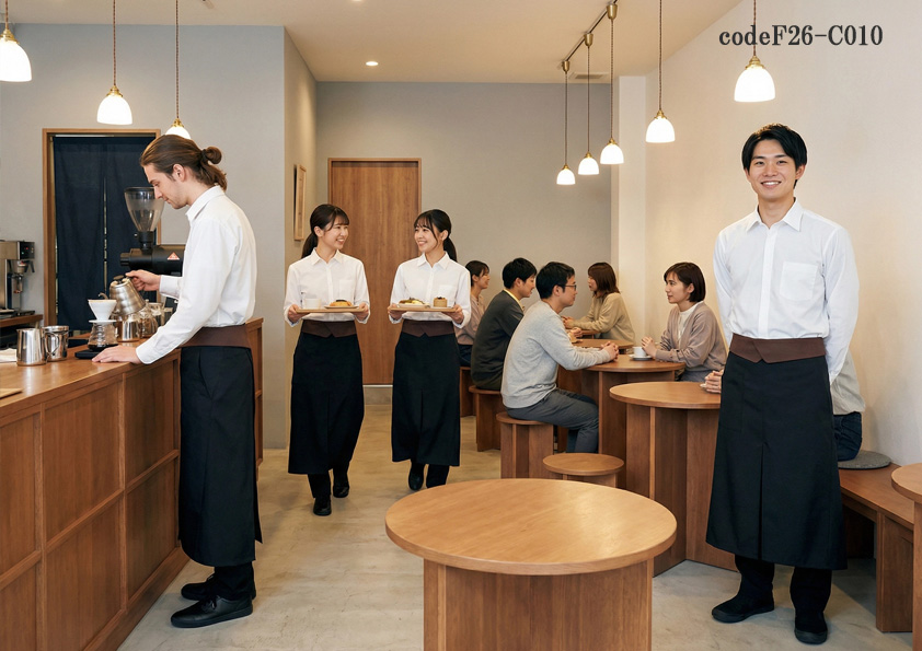 codeF26-C010 飲食店サービス店舗制服コーデ　北欧デザインのこだわりカフェに映える｜白シャツ×折り返しブラウンのサロンエプロンコーデ