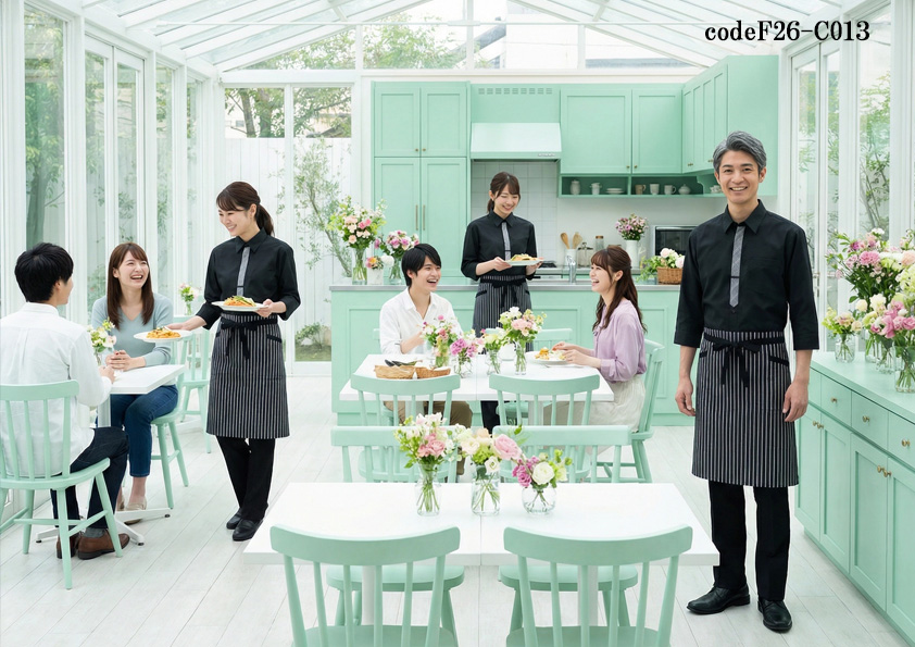 codeF26-C013 飲食店サービス店舗制服コーデ　明るいガラス張りカフェに映える黒の制服コーデ｜ストライプエプロン×シャツで都会的に