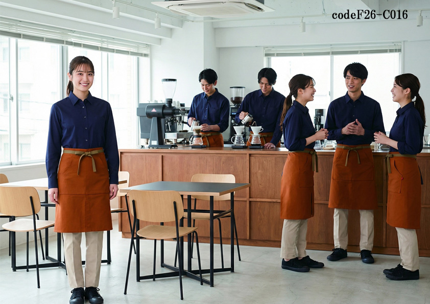 codeF26-C016 飲食店サービス店舗制服コーデ　明るいカフェに映える制服｜茶色エプロン×ネイビーシャツの上品コーデ