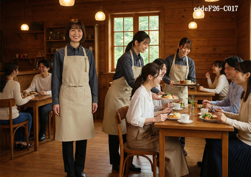codeF26-C017 飲食店サービス店舗制服コーデ　木の温もりカフェに似合う制服｜ベージュエプロン×チャコールシャツのナチュラルコーデ