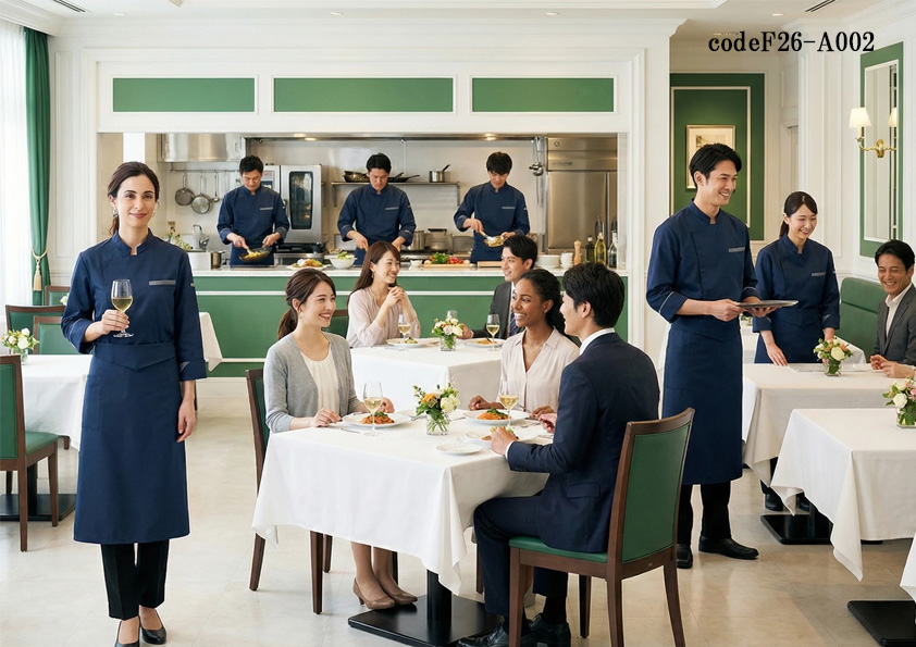 codeF26-A002 飲食店ホテル・サービス店舗制服コーデ　白×グリーンが映えるイタリアンに最適｜ネイビーコックコート×ロングエプロンの上質ユニフォームコーデ