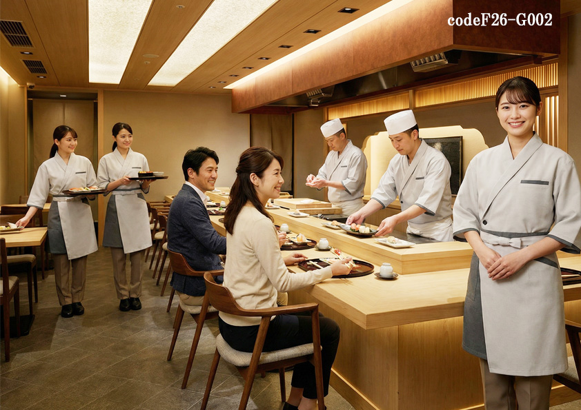 codeF26-G002 飲食店サービス店舗制服コーデ　高級鮨店の新定番ユニフォーム｜2026年新作 ベージュ和コート×アシンメトリーエプロン