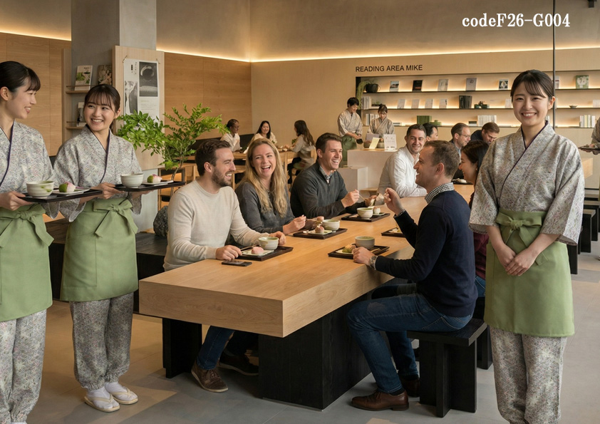 codeF26-G004 飲食店サービス店舗制服コーデ　抹茶カフェに最適な和モダン制服｜茶衣着×抹茶色前掛けで魅せるインバウンド対応ユニフォーム