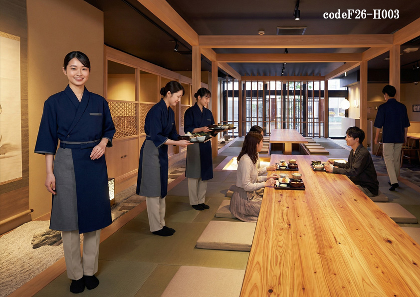 codeF26-H003 飲食店サービス店舗制服コーデ　和食店に映える新しい制服提案｜2026年新作 ネイビー和コート×アシンメトリーエプロン