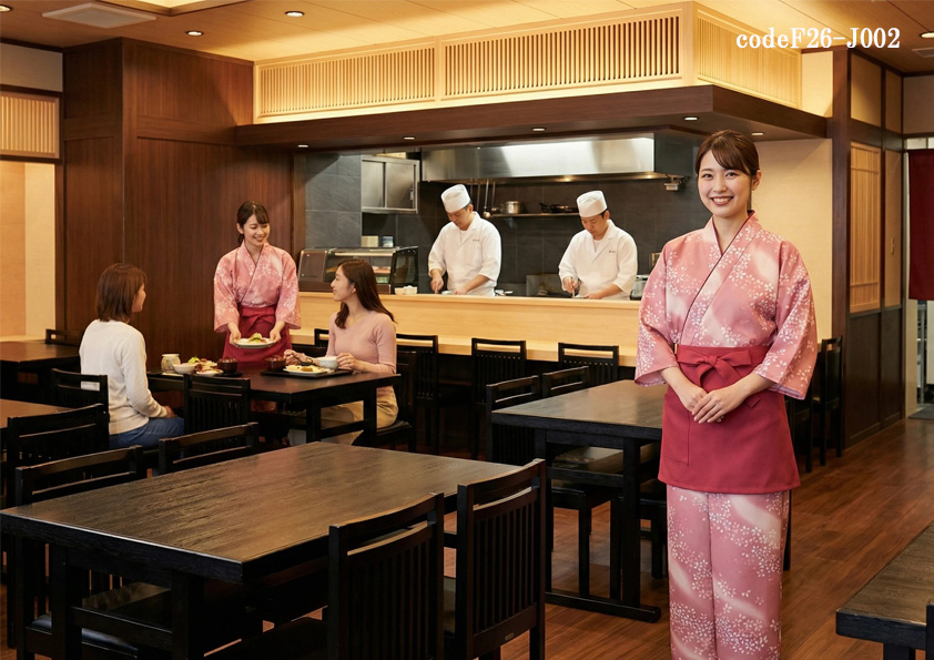 codeF26-J002 飲食店ホテル・サービス店舗制服コーデ　インバウンド向け和食店に映える和装制服｜高級感と可愛さを両立したホール用ユニフォームコーディネート