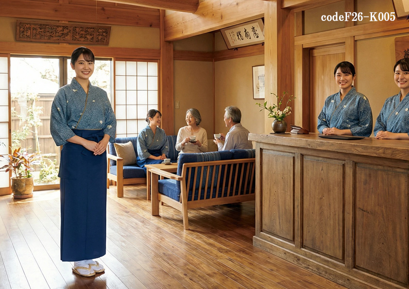 codeF26-K005 飲食店ホテル・サービス店舗制服コーデ　インバウンド対応の高級旅館に映える和装制服｜和風×高級感を演出する旅館ユニフォームコーディネート