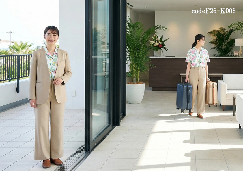 codeF26-k006 飲食店ホテル・サービス店舗制服コーデ　海辺のリゾートホテルに映えるジャケット×アロハシャツ制服｜きっちり感もカジュアル感も叶える最新コーディネート