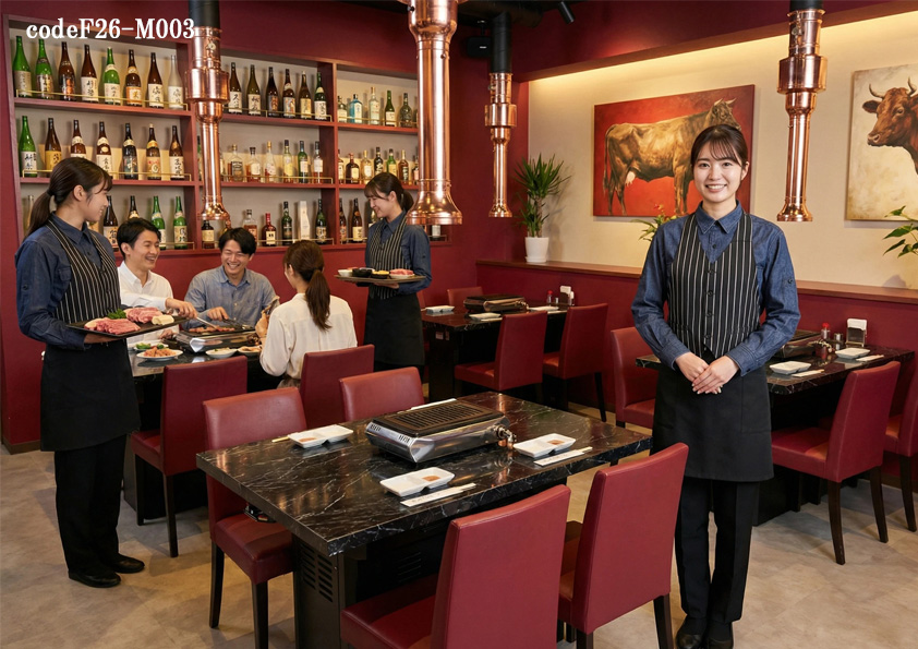 codeF26-M003 飲食店ホテル・サービス店舗制服コーデ　高級焼肉店の飲食店制服に｜ベスト風エプロン×デニムシャツのおしゃれユニフォームコーデ