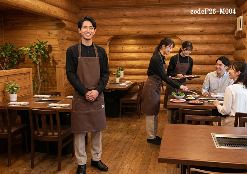 codeF26-M004 飲食店ホテル・サービス店舗制服コーデ　ログハウス焼肉店に映える飲食店制服｜Leeエプロン×ブラウン配色のおしゃれユニフォーム