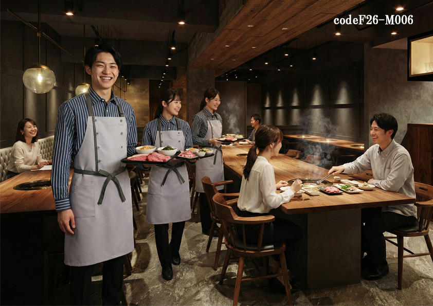 codeF26-M006 飲食店ホテル・サービス店舗制服コーデ　高級焼肉店の新定番飲食店制服｜グレー×ネイビーで魅せるおしゃれユニフォームコーデ