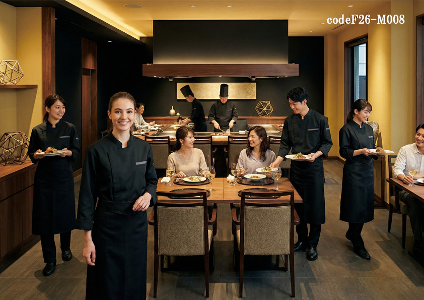 codeF26-M008 飲食店ホテル・サービス店舗制服コーデ　高級鉄板焼き料理店に映える黒の飲食店制服｜2026年新作コックシャツ×黒エプロンコーデ