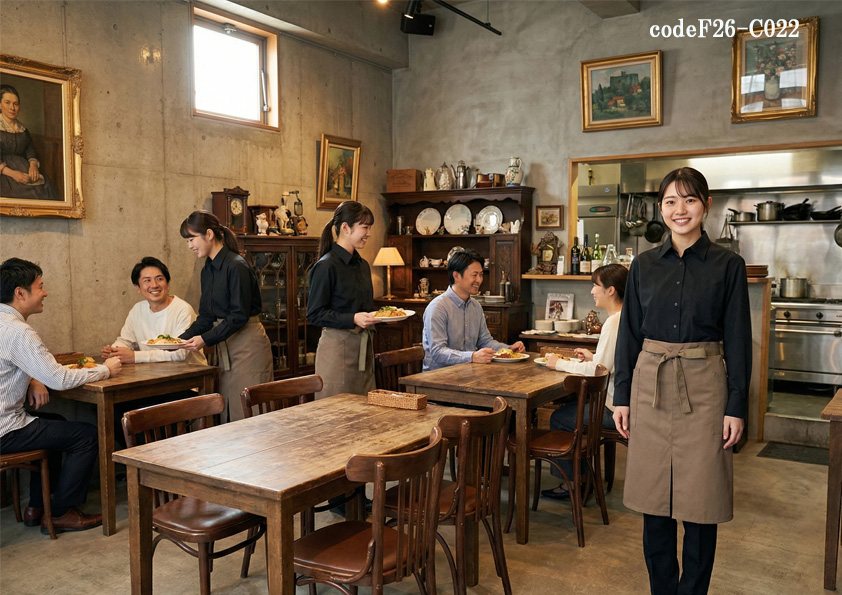codeF26-C0022 飲食店ホテル・サービス店舗制服コーデ　グレー基調のクールなカフェに映えるブラウンエプロンコーデ｜飲食店向けおしゃれ制服