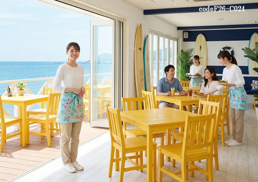 codeF26-c024 飲食店ホテル・サービス店舗制服コーデ　リゾートカフェに映える制服コーデ｜ハイビスカス柄ショートエプロン×白七分袖Tシャツ