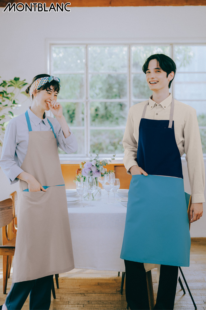【飲食店ユニフォームはコーデから選ぶ】配色カラーがかわいい首掛けエプロンコーディネート