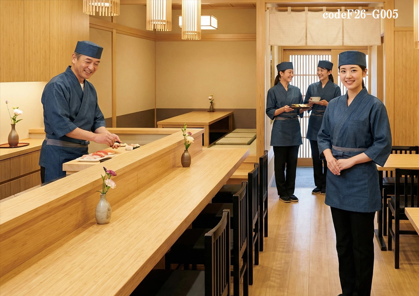 codeF26-G005 飲食店ホテル・サービス店舗制服コーデ　寿司店・鮨屋の新しい制服提案｜播州織和紙デニムの和風デニムユニフォーム