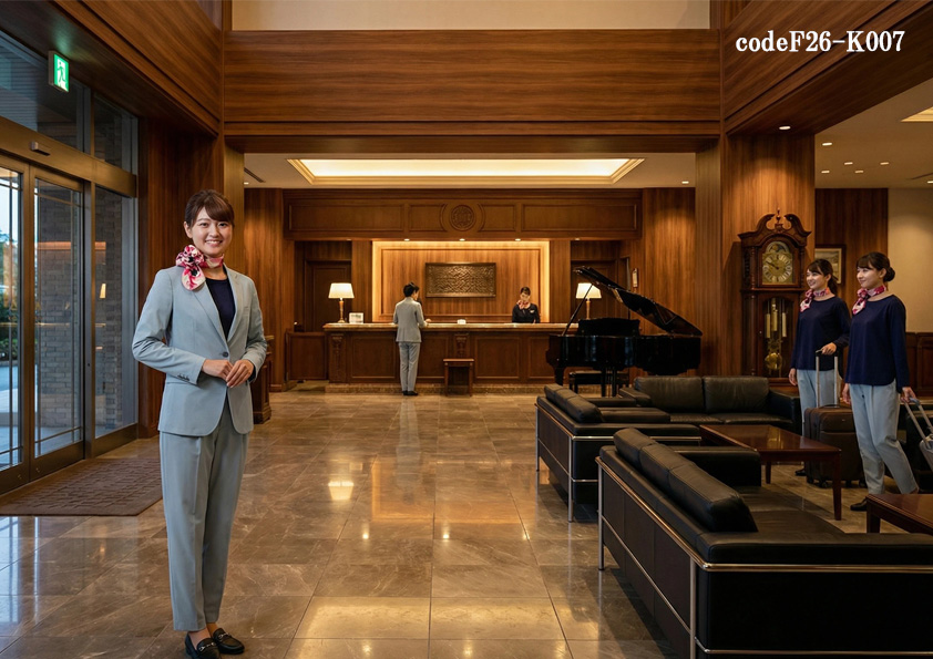 codeF26-k007 飲食店ホテル・サービス店舗制服コーデ　高級ホテルの格式に映えるアイスグレー制服｜きっちり感と軽やかさを両立するフロントユニフォーム