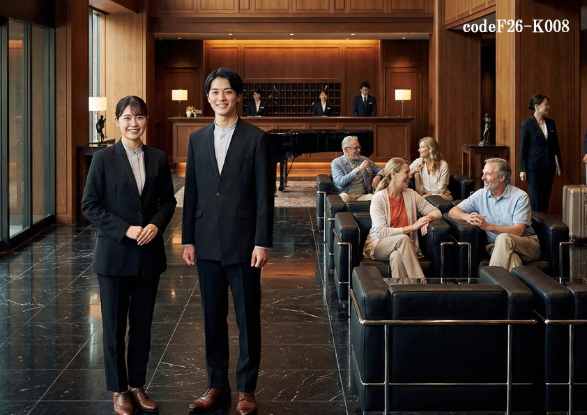 codeF26-k008 飲食店ホテル・サービス店舗制服コーデ　インバウンド対応 高級ホテルフロント制服｜和モダン黒ノーカラージャケットユニフォーム｜接客に映えるブラックホテル制服