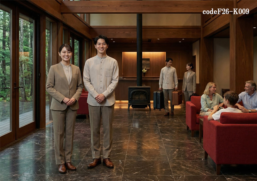 codeF26-k009 飲食店ホテル・サービス店舗制服コーデ　自然と調和するベージュのホテル制服｜高級リゾートホテル向け接客ユニフォームコーデ