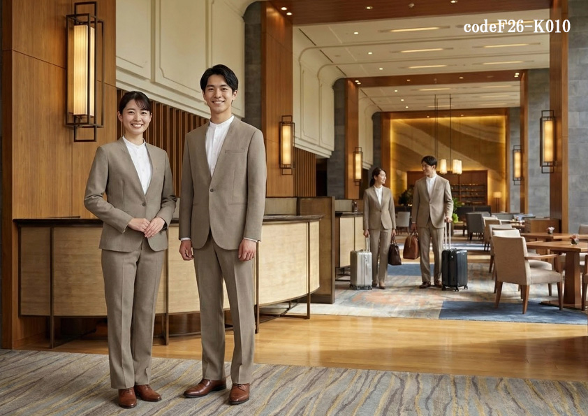 codeF26-k010 飲食店ホテル・サービス店舗制服コーデ　都会のラグジュアリーホテルに最適｜ベージュのノーカラージャケット制服｜高級感と自然な接客を両立
