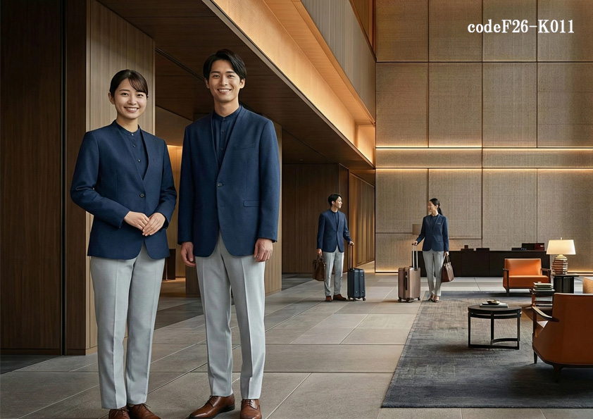 codeF26-k011 飲食店ホテル・サービス店舗制服コーデ　高級ホテルに最適なネイビーユニフォーム｜ノーカラージャケット×ライトグレーパンツ｜上質接客制服