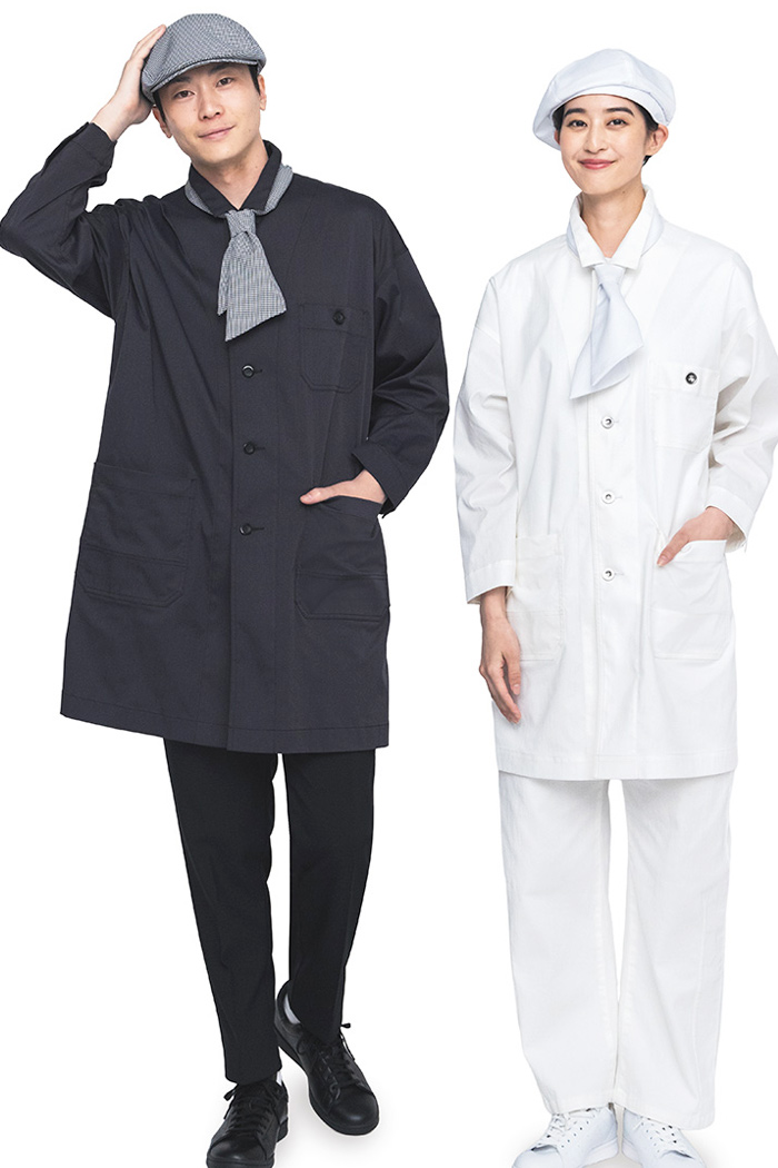 【飲食店ユニフォームはコーデから選ぶ】ユーティリティコートをロング丈コックコートとして着用したオシャレコーディネート