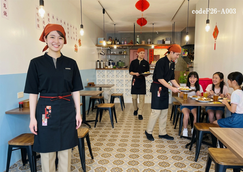飲食店サービス制服コーデ　多国籍料理店×活気・にぎやか×動きやすい｜多国籍料理店の動きやすく統一感のあるカジュアルコーデ【codeF26-A003】