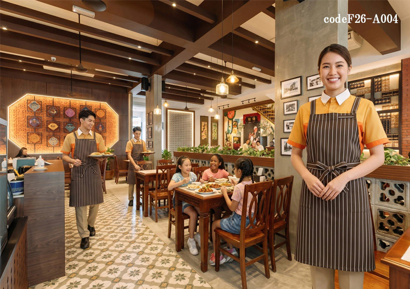 飲食店サービス制服コーデ　インド・カレー専門店×活気・にぎやか×動きやすいポロシャツ｜食欲をそそるオレンジ×ブラウンの組み合わせ。動きやすく色合いが可愛いユニフォームコーデ【codeF26-A004】