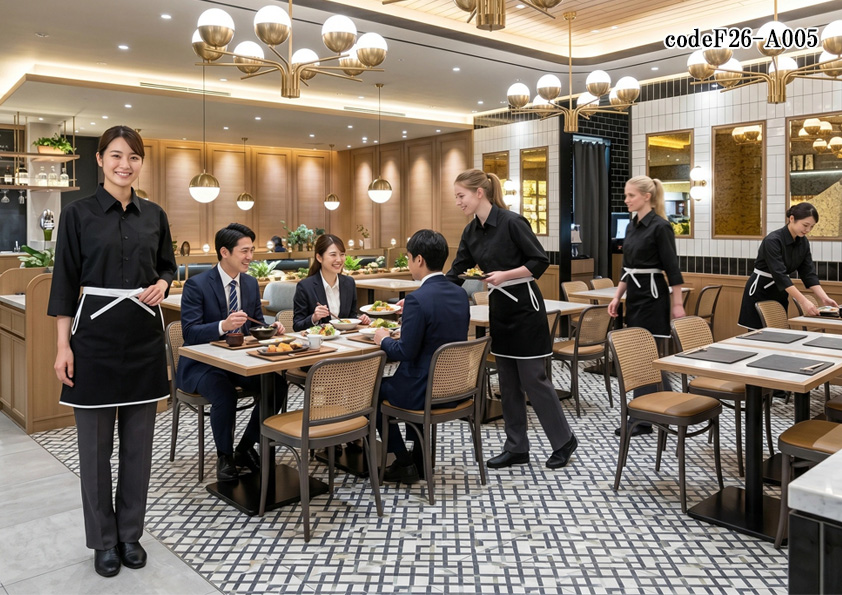 飲食店サービス制服コーデ　イタリアンレストラン×高級感×モノトーン｜HAKUIブランドのエプロン モノトーンで上質なユニフォームコーデ【codeF26-A005】