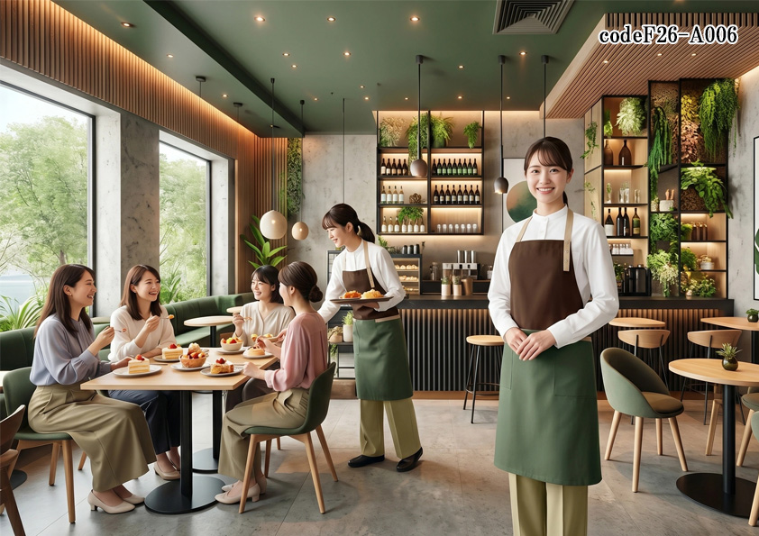 飲食店販売店制服コーデ　スイーツカジュアルダイニングの制服コーディネート｜落ち着くグリーン（オリーブ）でおしゃれな空間演出【codeF26-A006】
