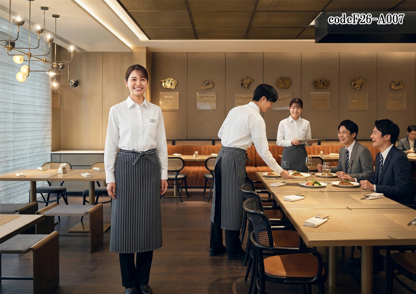 飲食店販売店制服コーデ　カジュアルイタリアンダイニングの制服コーディネート｜落ち着くモノトーンでおしゃれなレストラン演出【codeF26-A007】