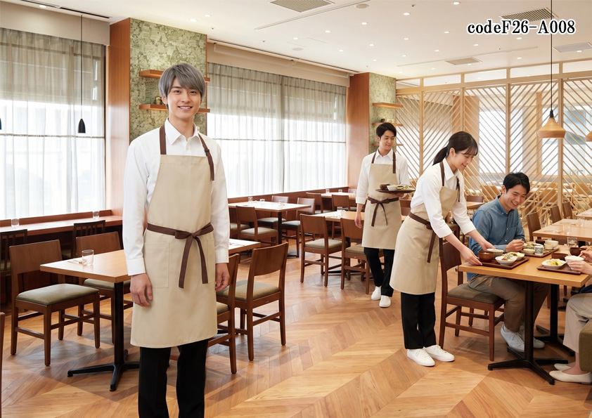飲食店販売店制服コーデ　カジュアル洋食ダイニングの制服コーディネート｜ナチュラルで落ち着くおしゃれなレストランユニフォーム【codeF26-A008】