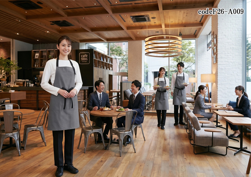 飲食店販売店制服コーデ　ビストロの制服コーディネート｜モノトーンで魅せるプチ高級カジュアルフレンチレストランの装い【codeF26-A009】