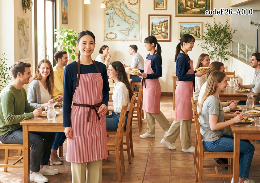 飲食店販売店制服コーデ　ピッツェリアの制服コーディネート｜赤で魅せるにぎやかなカジュアルイタリアンレストラン【codeF26-A010】