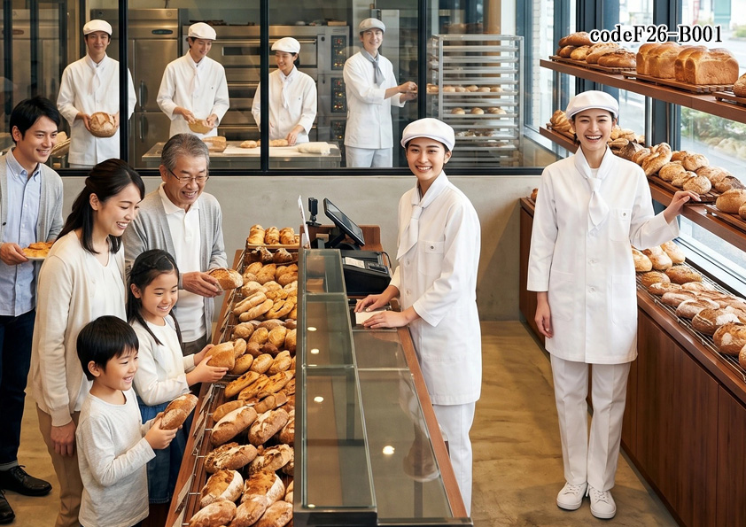 飲食店販売店制服コーデ　工房併設ベーカリーの制服コーディネート｜清潔感と個性を両立したおしゃれな白ユニフォーム【codeF26-B001】