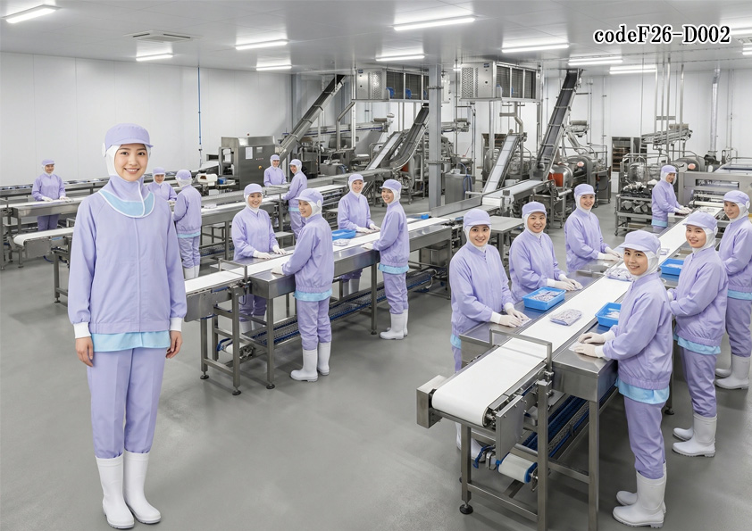 飲食店販売店制服コーデ　食品工場向け高温作業場ユニフォームコーディネート｜ラベンダーで魅せる女性に人気のカラフル制服【codeF26-D002】