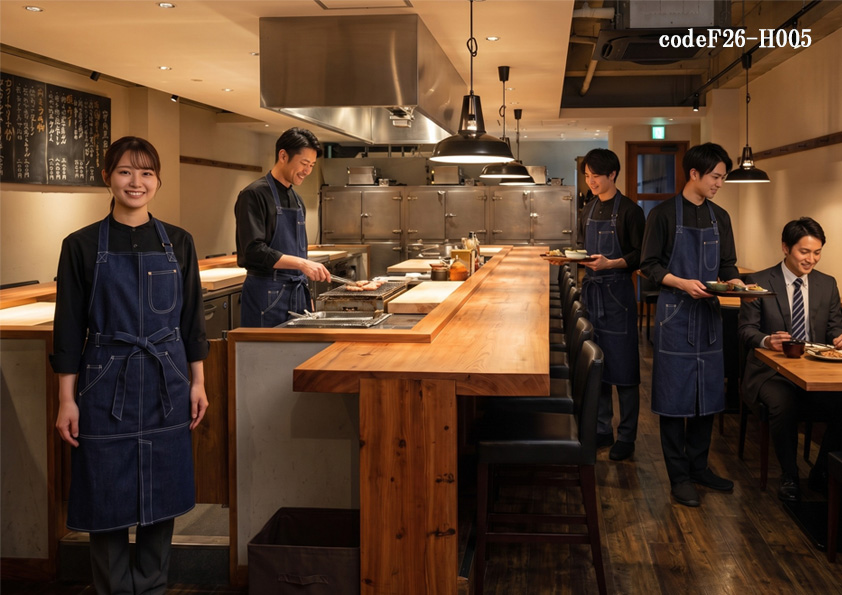 飲食店サービス制服コーデ｜和風創作居酒屋×落ち着いた雰囲気　ちょっといい店見つけた創作感、和テイストな店舗【codeF26-H005】