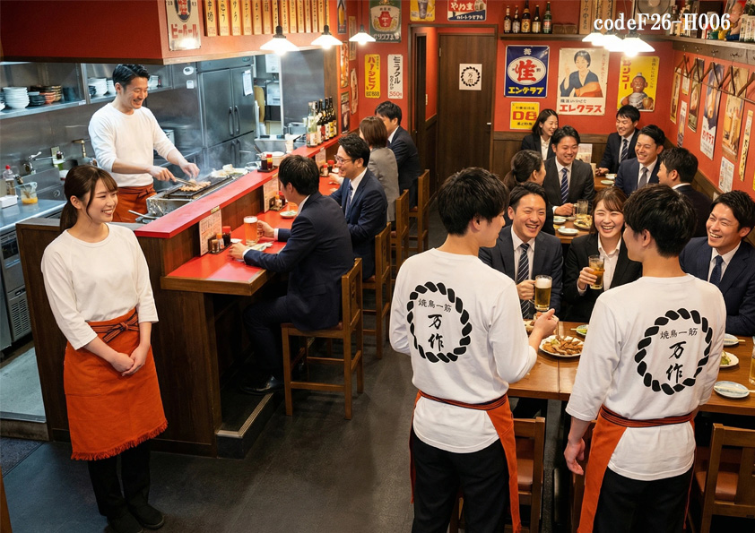 飲食店サービス制服コーデ　昭和レトロ居酒屋×にぎやか親しみやすい×低価格帯料理提供　庶民的居酒屋コーデ【codeF26-H006 】