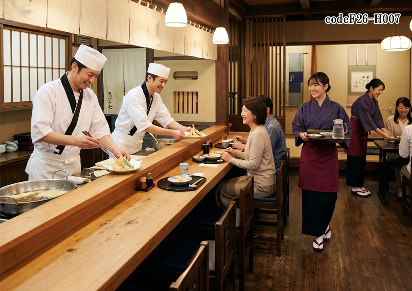 飲食店販売店制服コーデ　天ぷら店の高級和風ユニフォームコーディネート｜厨房は白衣、ホールは着物で日本古風でおしゃれな和食店の制服コーデ【codeF26-H007】