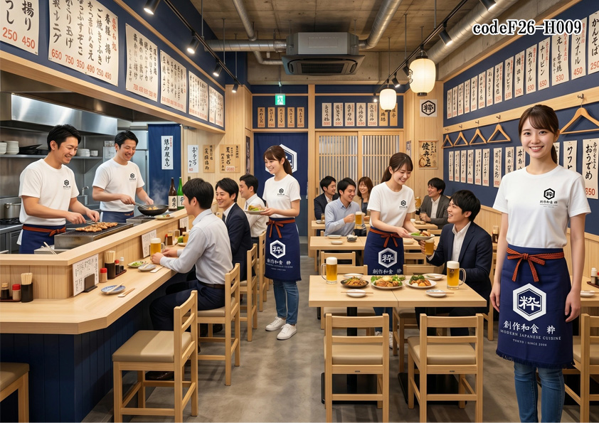 飲食店販売店制服コーデ　大衆居酒屋の制服コーディネート｜元気で明るい雰囲気を演出するTシャツ＋帆前掛けスタイル【codeF26-H009】