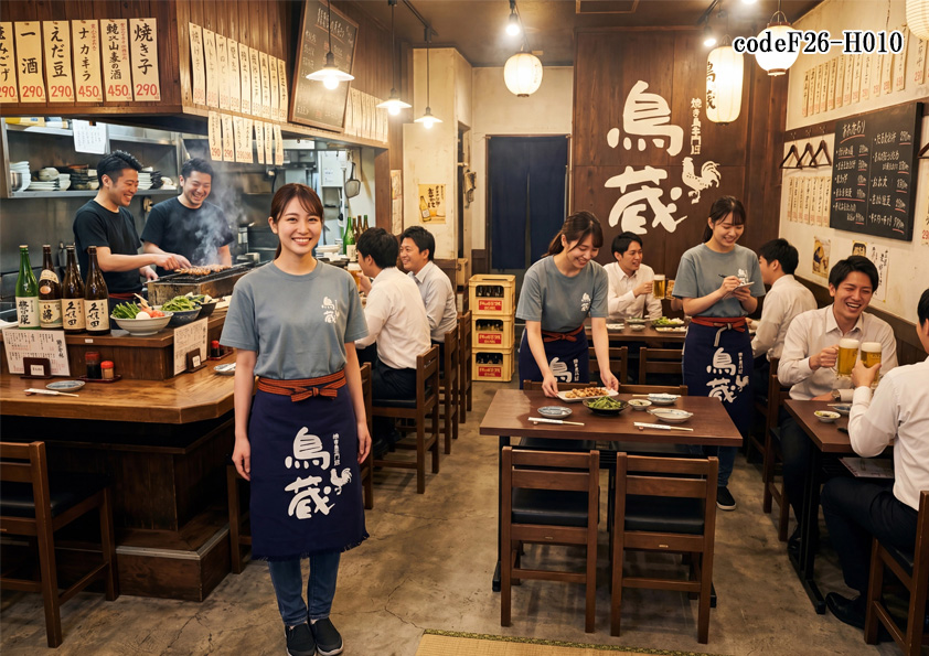 飲食店販売店制服コーデ　大衆居酒屋に最適なプリントＴシャツユニフォーム｜低コストで作る元気でおしゃれなTシャツ＋前掛けコーディネート【codeF26-H010】