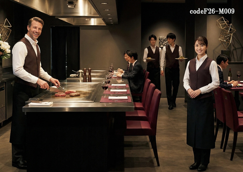 codeF26-m009 飲食店サービス制服コーデ　高級ステーキレストラン×高級感、落ち着いた雰囲｜接待に最適な重厚感あるレストランに合うユニフォーム