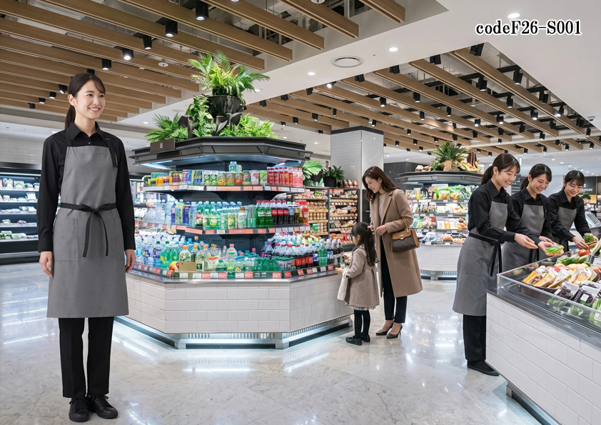飲食店販売店制服コーデ　食品スーパー向け高質スーパーの制服コーディネート｜モノトーンで魅せる高級食材売場のおしゃれな装い【codeF26-S001】