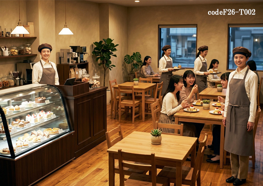 飲食店サービス制服コーデ　カフェ併設スイーツ店×ヨーロピアン×女性に人気｜ヨーロッパのカフェを思わせる、上品でやさしいユニフォームコーデ【codeF26-T002】