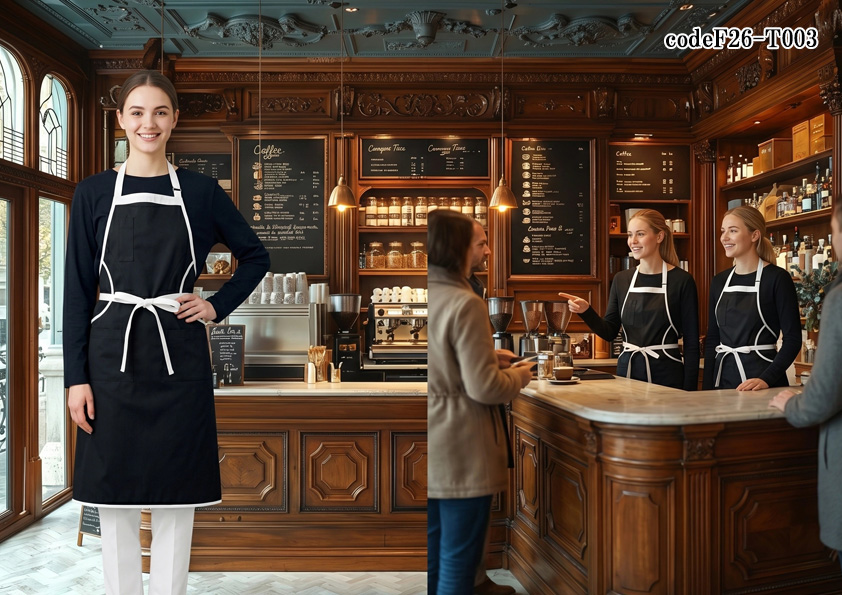 飲食店販売店制服コーデ　チョコレート専門店×高級感×モノトーン｜HAKUIブランドの胸付きエプロン モノトーンで上質なユニフォームコーデ【codeF26-T003】