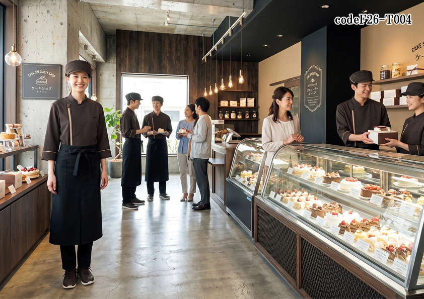 飲食店販売店制服コーデ　パティスリー向けユニフォームコーディネート｜ブラウンで魅せるデザイン性高いおしゃれなケーキ専門店【codeF26-T004】