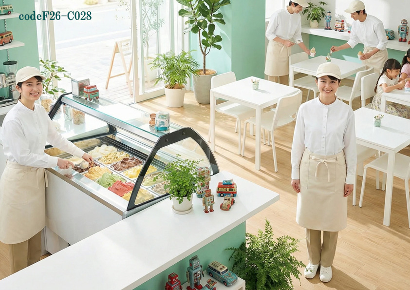 codeF26-C028 飲食店サービス制服コーデ　ジェラート・アイスカフェ向けナチュラルコーディネート｜SNS映えするおしゃれな飲食店ユニフォーム
