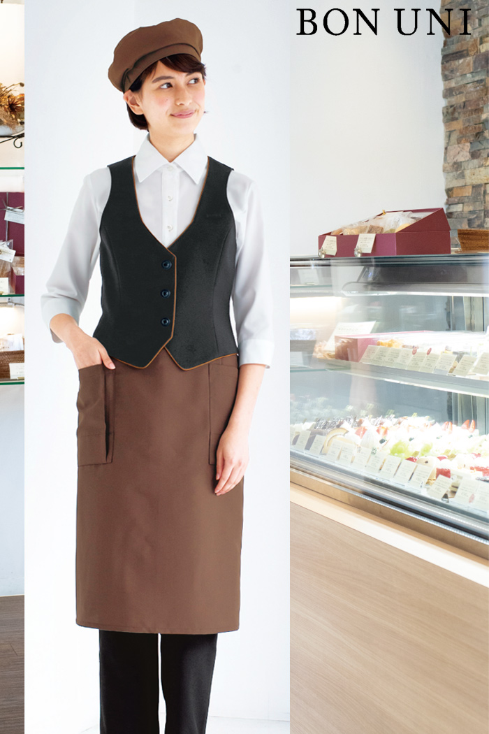 パティスリー×高級×ベストにブラウンの帽子・エプロンでコーディネート